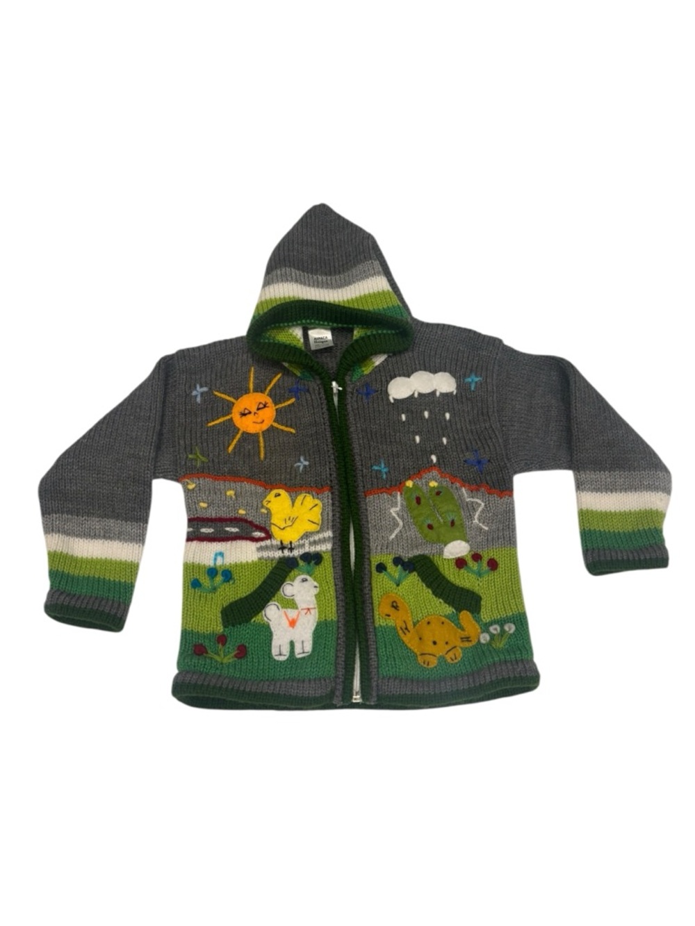 Kids Hooded 2-3T Zip Sweater with Animal & Nature Appliqués - Gray & Green